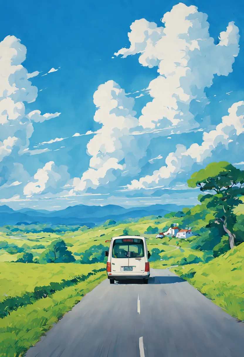 (Minimalism:1.4), There is a minibus on the road, ghibli studio art, Miyazaki, Pasture with blue sky and white clouds