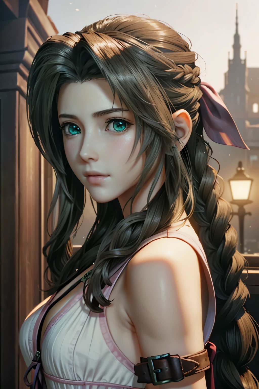 ((Extrem detailliert, Meisterwerk, beste Qualität)) FF7Aerith, 1 Mädchen, Allein, einzelner Zopf, grüne Augen, braune Haare,
