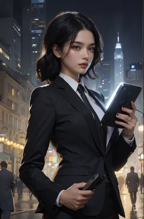 Beautiful woman. Detailed drawing of the face. A masterpiece. Black hair. He is wearing a black business suit. In one hand, he h...