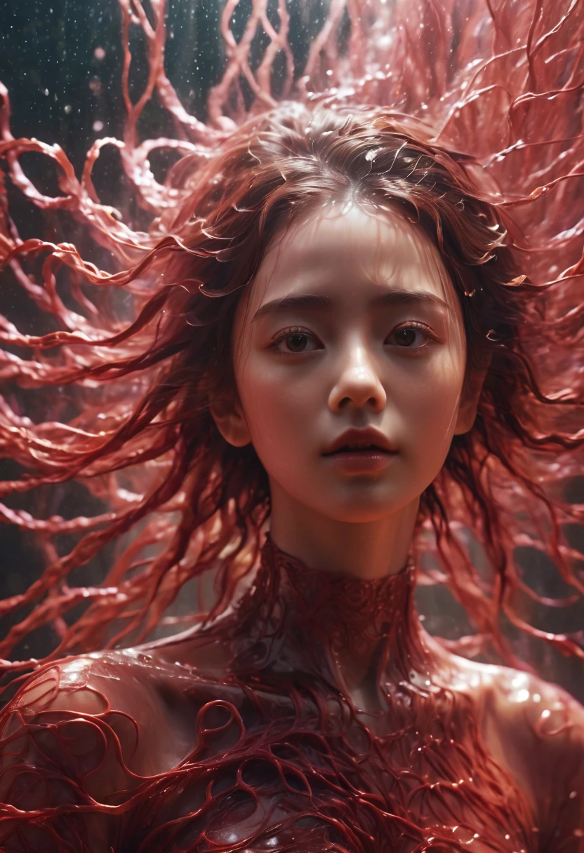 raw hyperrealistic candid photo of a girl who is covered clear depths clouded with swirling networks of crimson ais vessels, she is underwater, Extremely high-resolution details, photographic, realism pushed to extreme, fine texture, incredibly life like,35mm photograph, film, bokeh, professional, 4k, highly detailed, highly detailed
