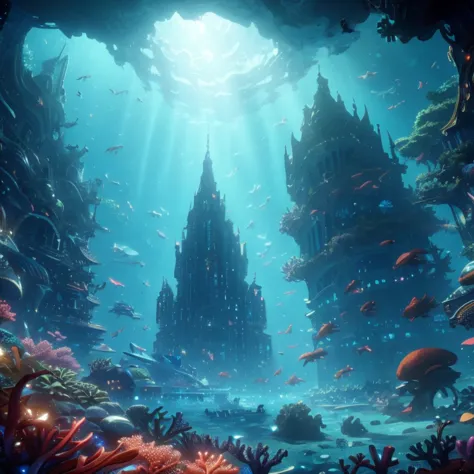 highest quality,4K,8K,High resolution,masterpiece，wide viewing angle，real，movie，In the deep sea，fantastic underwater city，beauti...