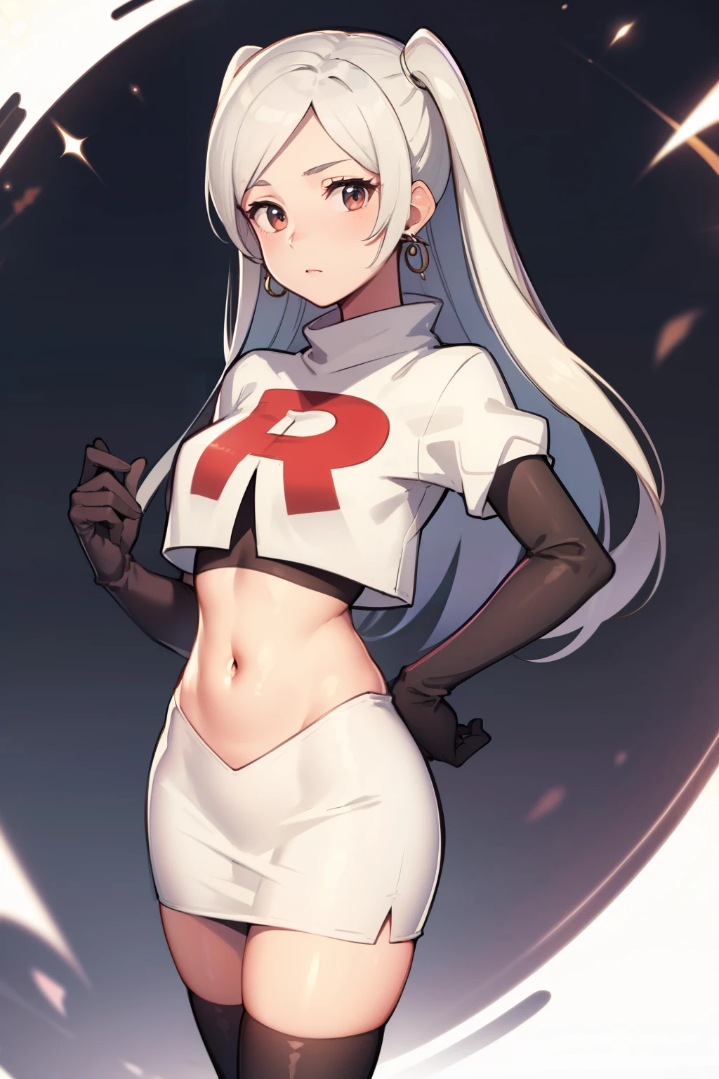 Robin Fe ,Ohrringe, Team Rocket,Team Rocket uniform,weißer Rock,roter Buchstabe R,bauchfreies Top,schwarze Strümpfe,schwarze Ellbogenhandschuhe