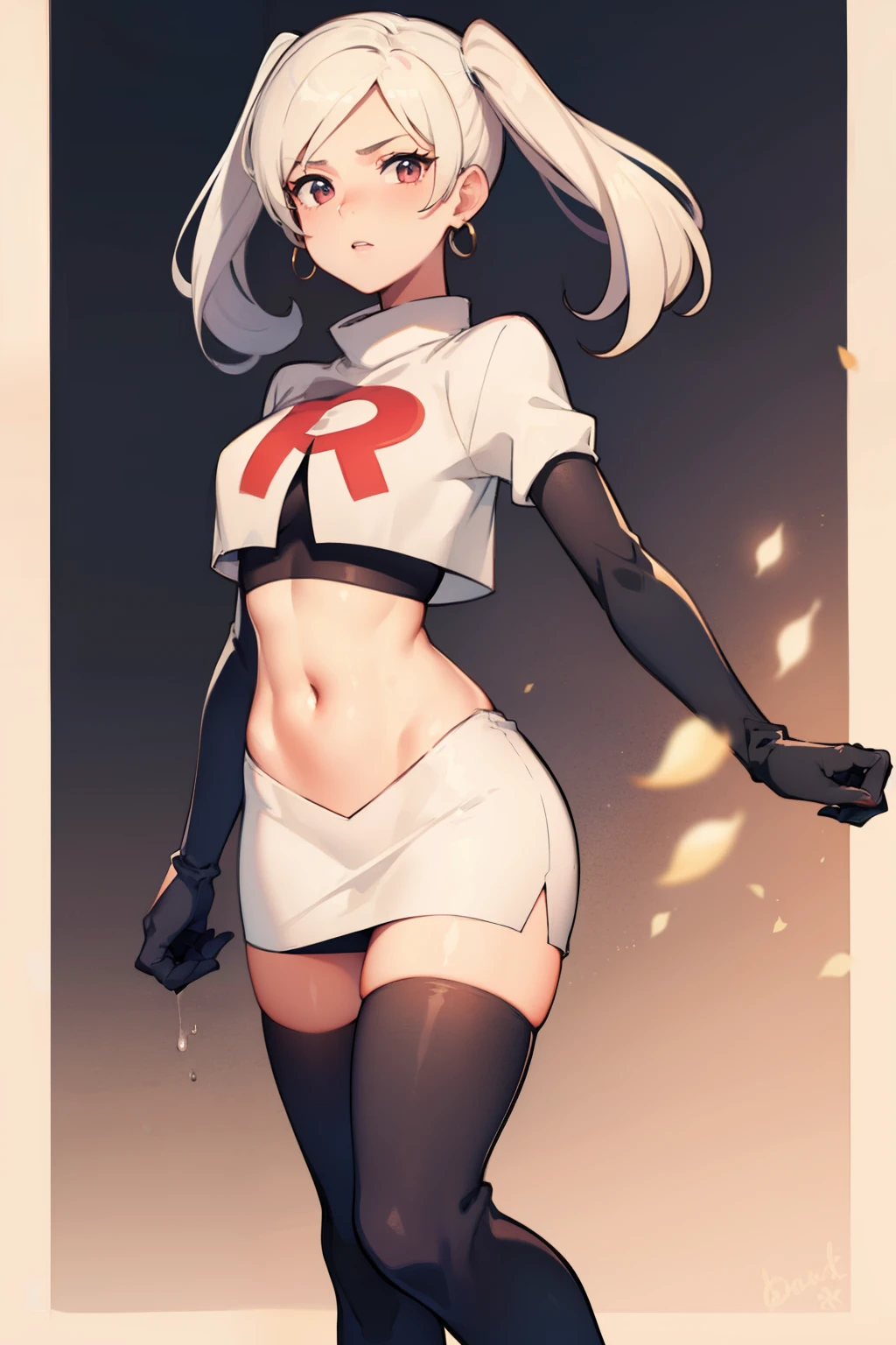 robin fe ,earrings, team rocket,team rocket uniform,white skirt,red letter R,crop top,black thigh-highs,black elbow gloves