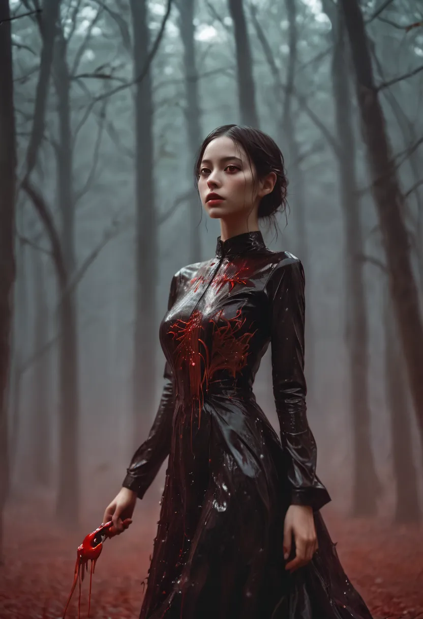 photo RAW, (Black and red : photo of a girl standing in the forest, there's blood raining, blood on the dress and her face, shin...