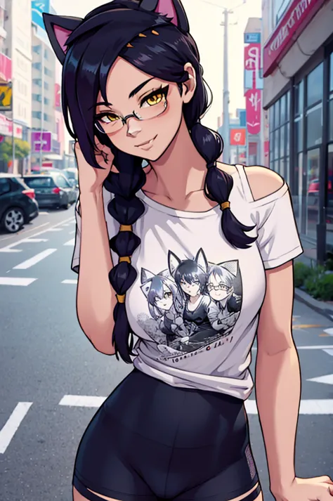 Erisa, 1girl, solo, long hair, looking at viewer, black hair, bandaid on face, yellow eyes, animal ears, smile, bandaid on nose,...