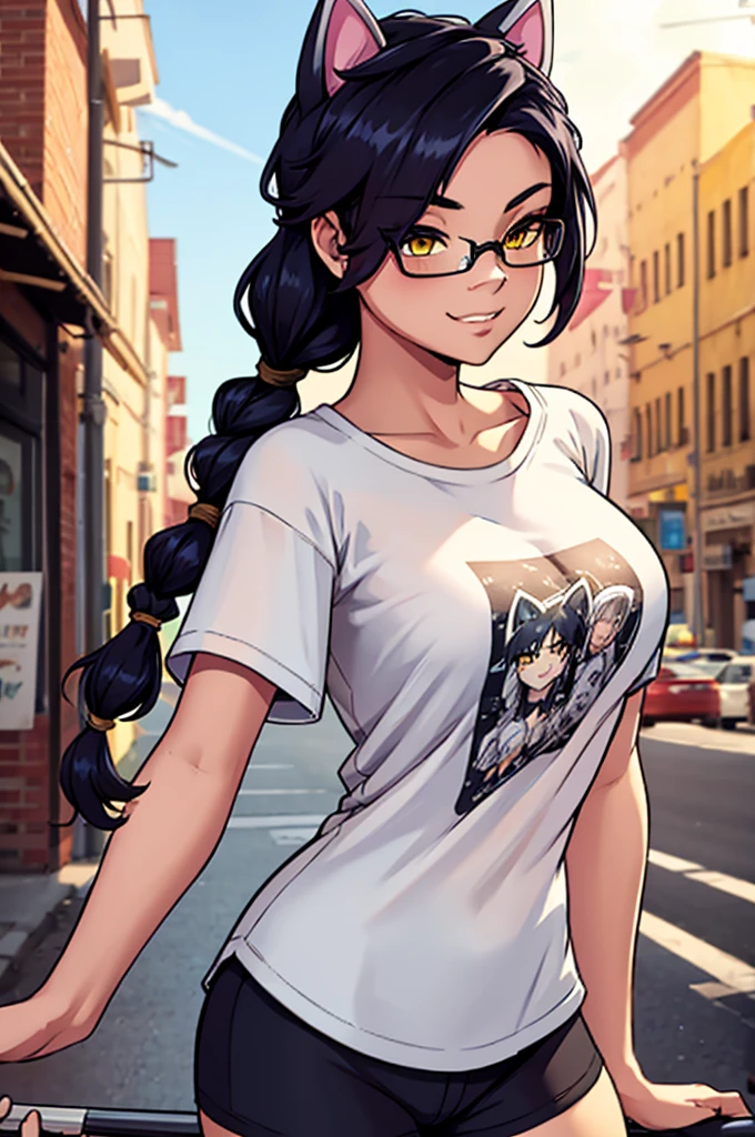 Erisa, 1girl, solo, long hair, looking at viewer, black hair, bandaid on face, yellow eyes, animal ears, smile, bandaid on nose, braid, cat ears, bandaid, bangs, breasts, fake animal ears, simple background, fang, bare shoulders, scar, teeth, shirt, tight shirt, bare shoulders, black shirt, short sleeves, closed mouth, t-shirt, hair over one eye, night city view, portrait, hair over shoulder, shorts, skin tight shirt, tight shorts, butt, wet shirt, legs, glasses, seductive, realistic, best quality, masterpiece, ultra detail, ultra high res, extreme detail, 8k