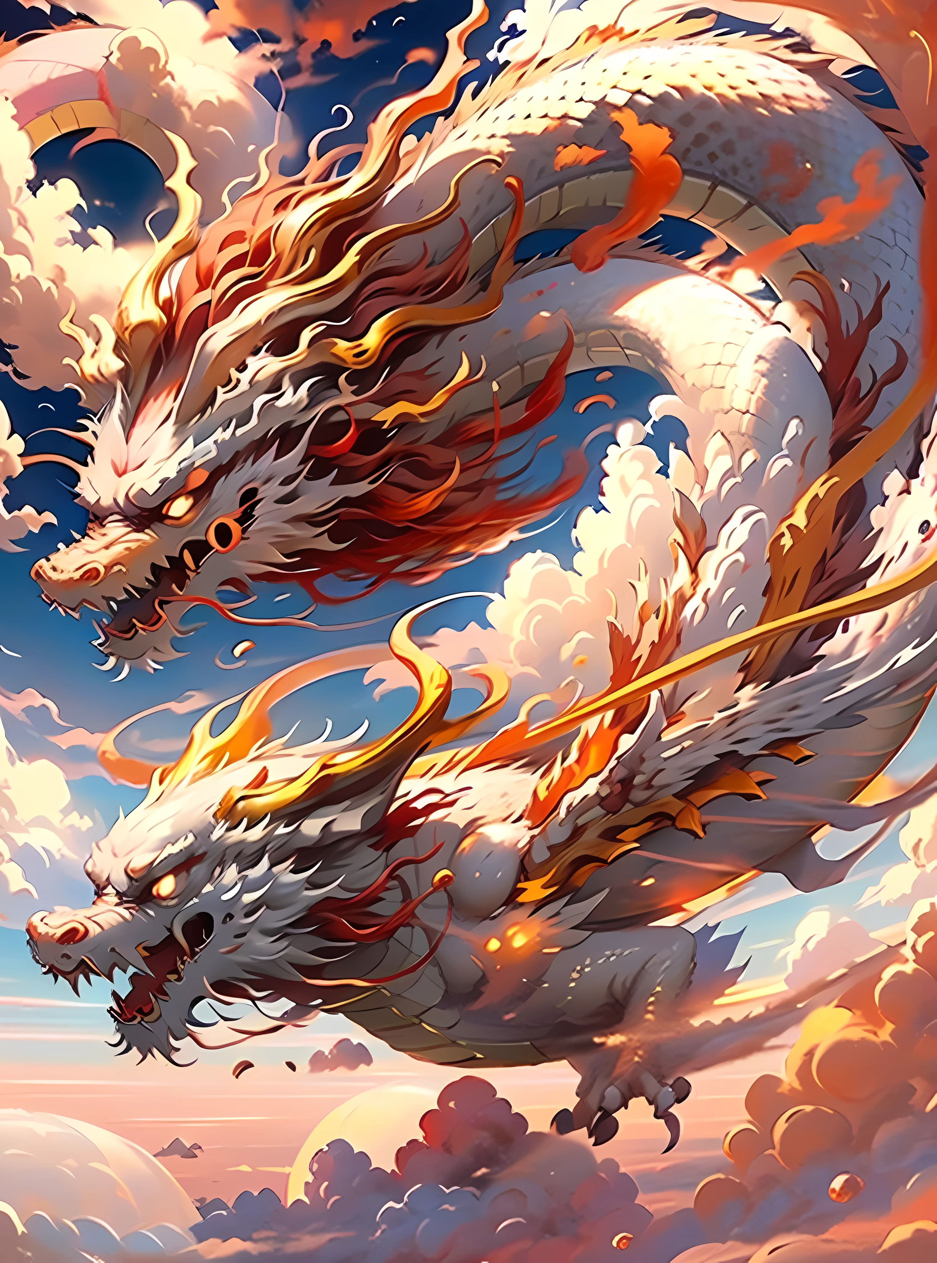 A Chinese red five-clawed dragon hovers in the sky，Below are the fireworks flying into the sky，super detailed，Surreal，illumination，masterpiece，best quality