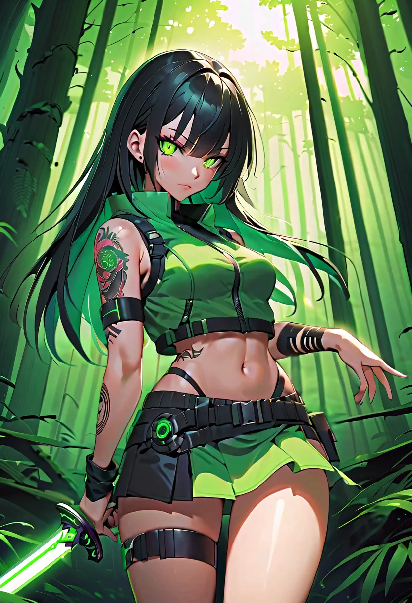 1 girl, solo, long_hair, bangs_between_the_eyes black_hair_with_strands_green, bi_color_ green_neon eyes, sexy_face, sword_in_ha...