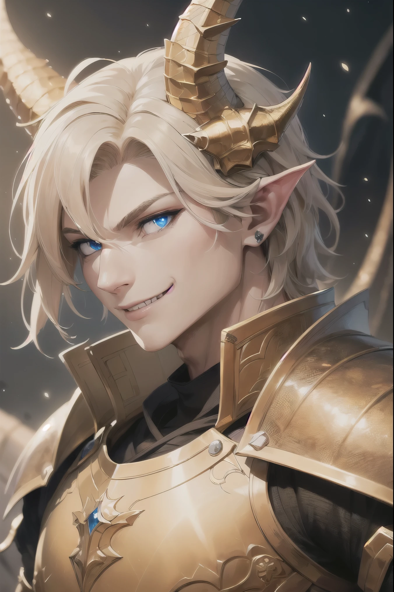 (4k,8k,best quality, masterpiece:1.2), perfect face, perfect nose, detailed hair, detailed eyes, detailed lips, ((portrait)), realistic colors, studio lightning, ((gold hair, blue eyes, dragon eyes, glowing eyes, dragon ears, dragon scales in his skin, dragon horn)), male, small mouth, looking at viewer, confident pose, smile, happy, highres, paladin, night city, saphire jewel detail, monsters in scenario, golden armor, 20-years-old, 20s