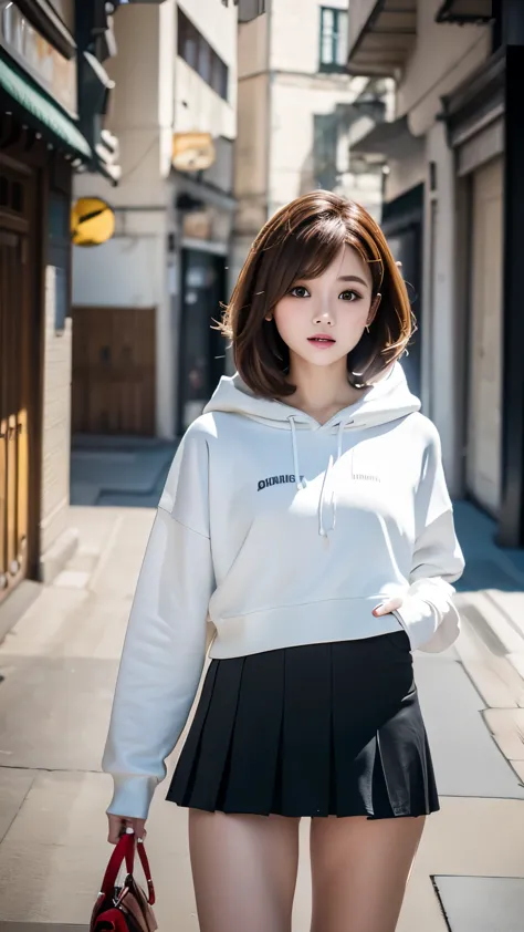 Upper body angle,(highest quality,4K,8K,High resolution,masterpiece:1.2),super detailed,(realistic,photorealistic,photo-realistic:1.37),Very cute,Short Bob Fluttering in the Wind、brown hair with red mesh,beautiful and fine eyes,beautiful detailed lips,high...