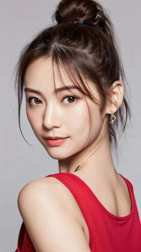 ((close up of face)), Elegant and beautiful Japanese woman in her 30s, (looking at camera: 1.2), (shy smile: 1.4), Right-facing body, (red tank top: 1.4), earrings in both ears, red lipstick, There are some black moles on her face, The hand holding the rin...