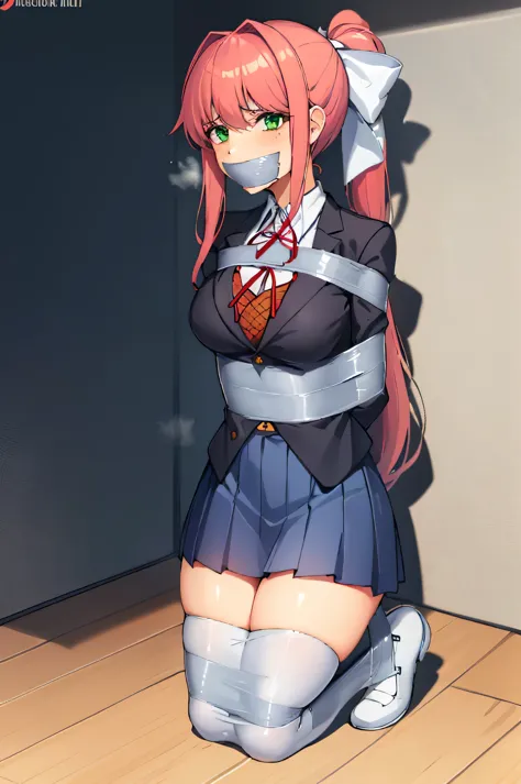 masterpiece, best quality, anime, highly detailed, 1girl, solo, school uniform, classroom, monika, green eyes, brown hair, very long hair, ponytail, hair ribbon, white ribbon, gagged, bound, tied on the floor, kidnapped, bondage, full body view