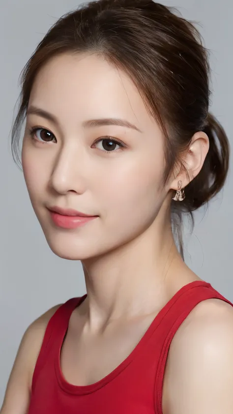 ((close-up of face)), Elegant and beautiful Japanese woman in her 30s, (looking at camera: 1.2), (shy smile: 1.4), body facing to the right, (red tank top: 1.4), Earrings in both ears, red lipstick, several black moles on her face, the hand holding the rin...