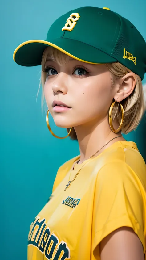 Tetsuya Nomura, masterpiece, highest quality, 1 girl, aqua eye, baseball cap, blonde hair, closed mouth, earrings, green background, have, hoop earrings, jewelry, looking at the viewer, shirt, short hair, simple background, alone, Upper body, yellow shirt 