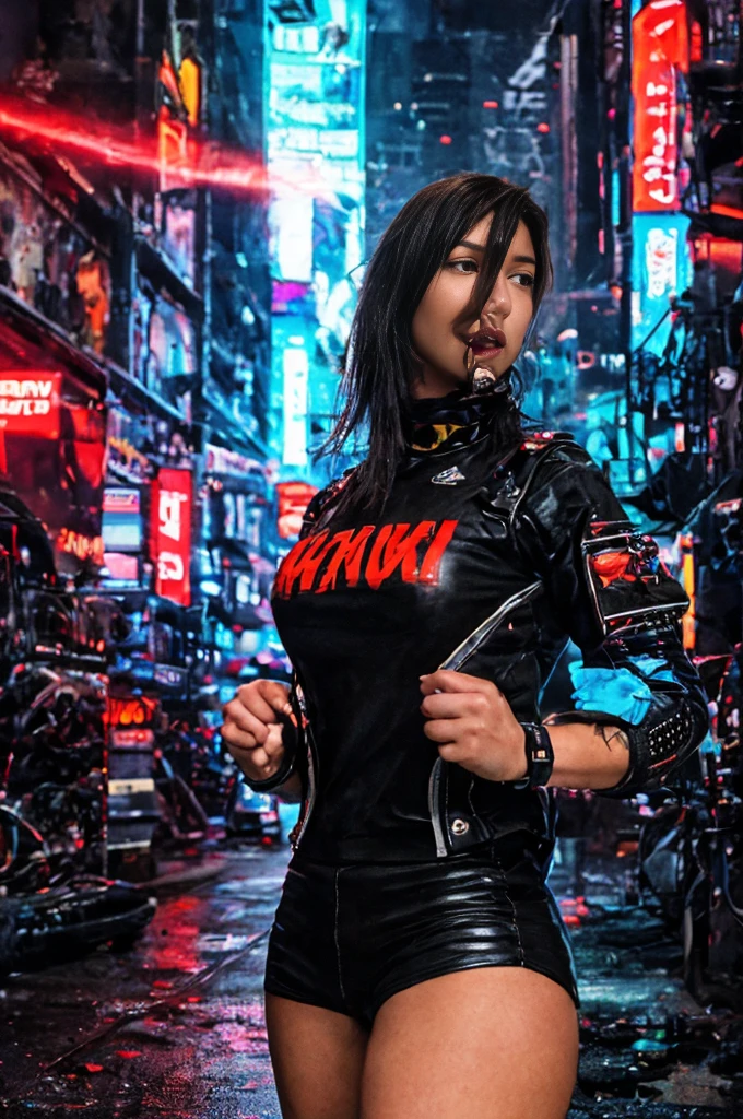 (Photorealistic:1.4) image of a cyber punk girl, (top-quality, 8K, 32K, masterpiece), (dynamic pose), ((facing camera)), (looking at camera), cowboy shot, shapeless hair, colorful hair, colorful cyberpunk clothing, depth of field f/1.8, cyberpunk city background, cinematic lighting.