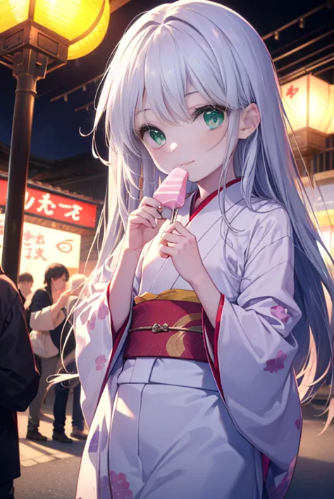 index, index, (green ruby eyes:1.5), Silver hair, long hair, (flat chest:1.2),smile,Eating cotton candy with his mouth open,Long...