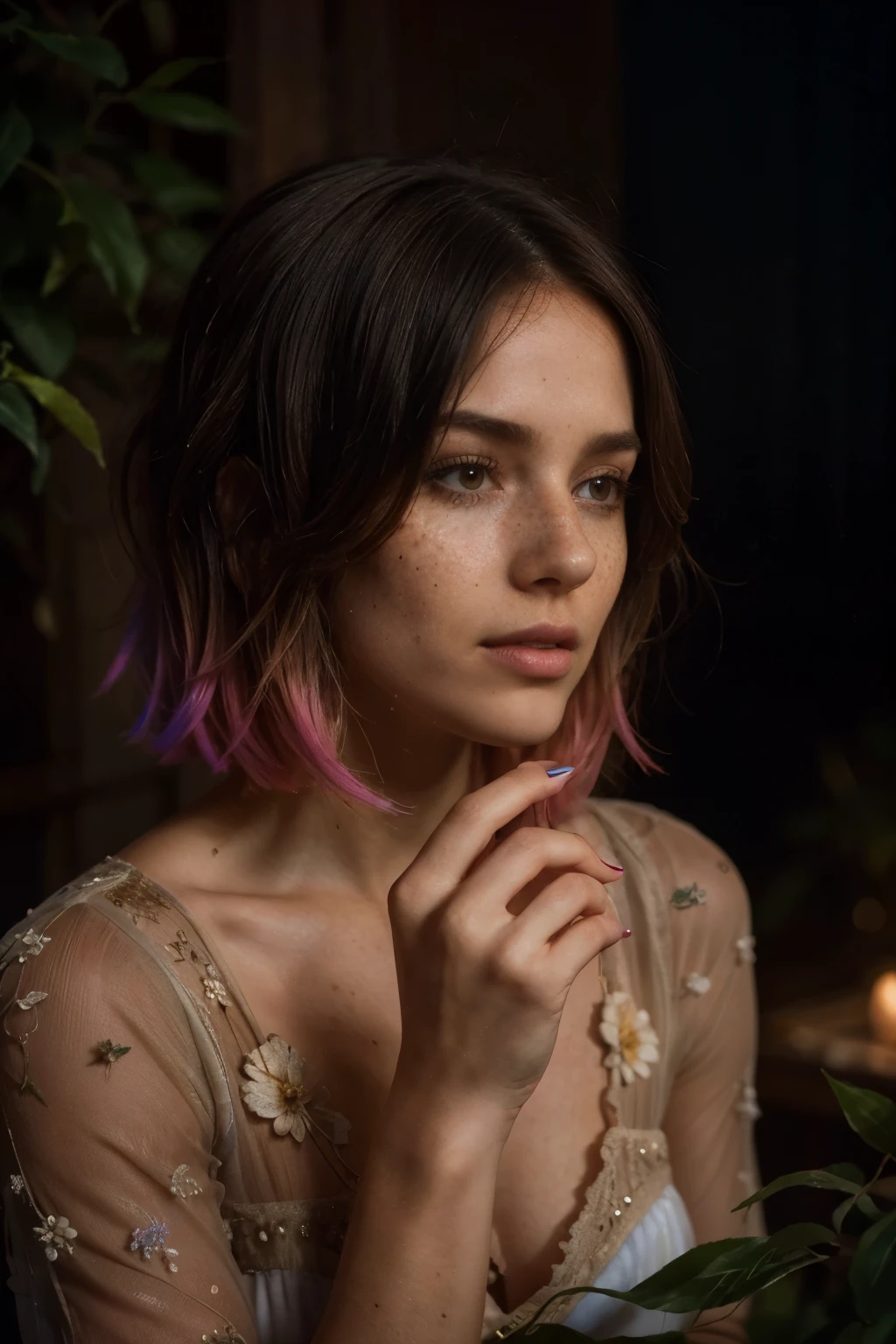 photo of beautiful 26 y.o woman, 4k uhd, high quality, dramatic, cinematic, (short pixie (ombre hair:1.2)), (freckles:1.2), imaginary floral patterns, mist of fragrance, noticeable, the bird seed in her hands, growing into birds, giants shelter her body, intricate ornate structure, radiating, the night sky, deep dark shadows, hide new seasons, the woman is aware and watching us