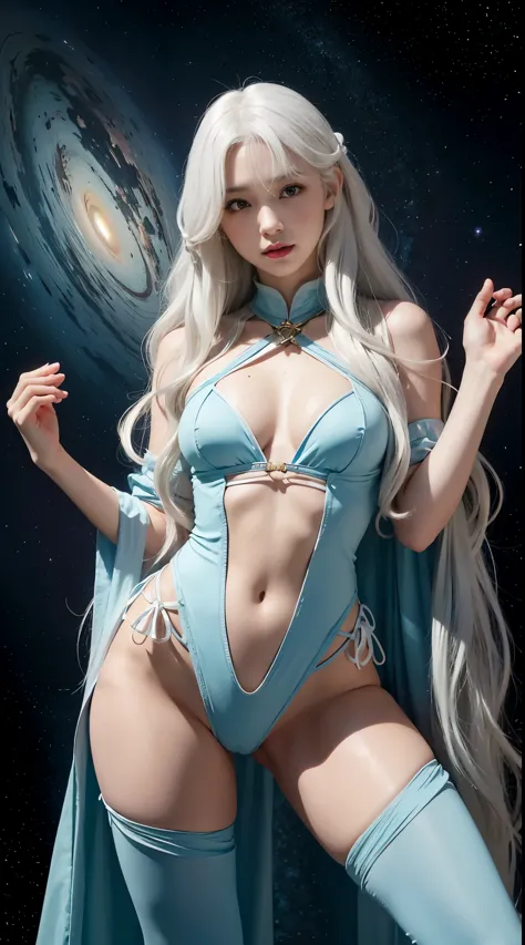 realistic, High resolution, 1 female, glowing skin, alone, wide lips,long hair,wavy hair, closed mouth, hip up,saggy breasts,small face,Anime character cosplay,Cosplayers,Costume costumes,Fantasy space,white hair,Color Contacts,cute pose