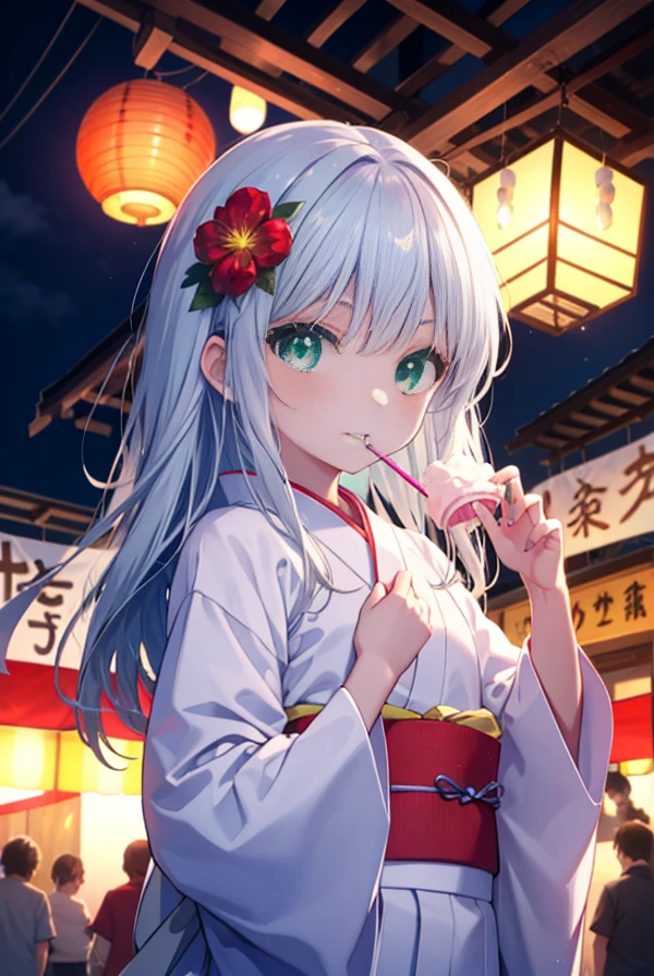 index, index, (green ruby eyes:1.5), Silver hair, long hair, (flat chest:1.2),smile,flower hair ornament,tying back hair,Eating cotton candy with his mouth open,Long-haired girl in yukata enjoying cotton candy at a festival，japanese festival，Summer Festival Stalls,Red lantern,break looking at viewer, Upper body, full body,
break (masterpiece:1.2), highest quality, High resolution, unity 8k wallpaper, (figure:0.8), (beautiful and fine eyes:1.6), highly detailed face, perfect lighting, Very detailed CG, (perfect hands, perfect anatomy),