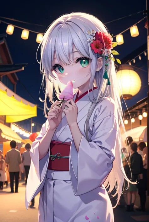 index, index, (green ruby eyes:1.5), Silver hair, long hair, (flat chest:1.2),smile,flower hair ornament,tying back hair,Eating ...