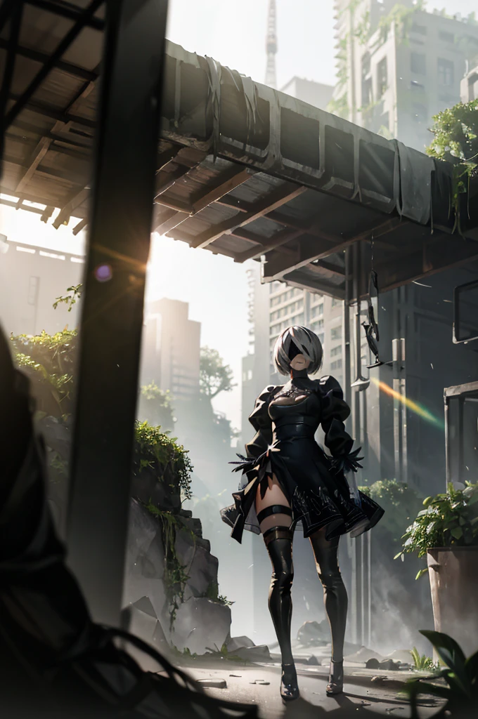 1 girl,2B, YoRHa No. 2 Type B,NieR:Automata,18-year-old,((anatomically correct)),glamorous_tall_Narrow waist_long legs,whole body,Are standing,looking at camera,Transparent and shiny silver hair,short bob hair,The right eye is hidden by bangs,(Black blindfold cloth_Covered eyes), ((2b costume)),Decorated 2 meter long sword,ruins,Doomsday World,rubble,Cracked roads,weed,fog is forming,Depth of bounds written,Natural light,side light,Lens flare,masterpiece,High and fine,High definition,Winner of numerous awards