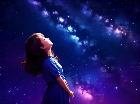 Rotating starry sky, Milky Way, shooting stars, girl looking up at the sky