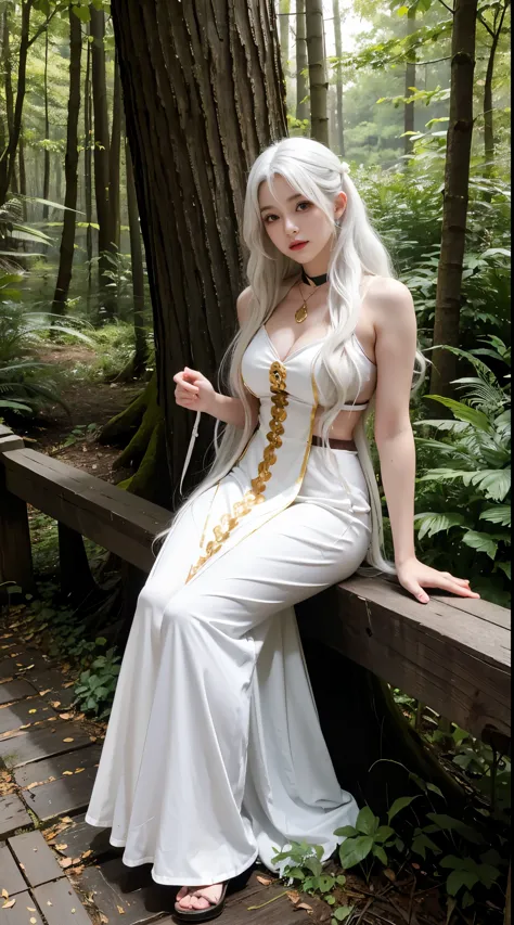 realistic, High resolution, 1 female, glowing skin, alone, wide lips,long hair,wavy hair, closed mouth, hip up,saggy breasts,small face,Anime character cosplay,Cosplayers,Costume costumes,A fantasy space like a forest,white hair,Color Contacts,cute pose