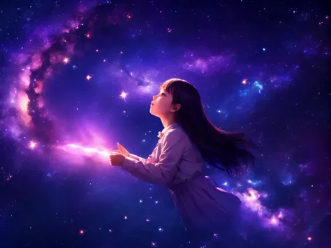 Rotating starry sky, Milky Way, shooting stars, girl looking up at the sky