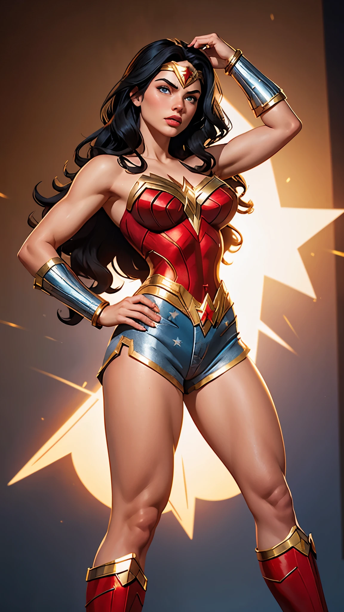 femme, peau blanche, cheveux noirs, cheveux ondulés, cheveux longs, Corps athlétique, short bleu réfléchissant, yeux bleus, short étoile style Wonder Woman, short court, short sexy, haut rouge métallisé, haut complet, short déchiré, Coupe-bas, chest of Wonder femme, bracelets en argent, diadème doré avec étoile rouge, air sérieux, regarde la caméra, lèvres rouges, bottes rouges, pose héroïque, gros seins, jambes athlétiques, arc doré de style Wonder Woman, tir frontal.