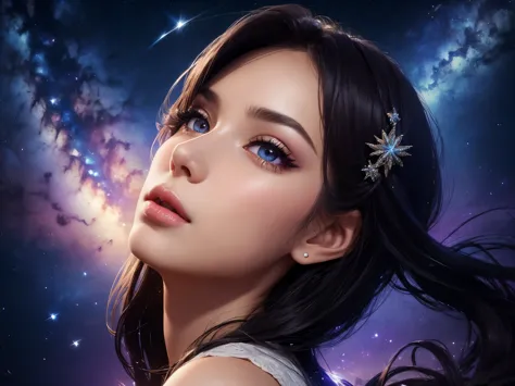(best quality,4k,8k,highres,masterpiece:1.2),ultra-detailed,realistic,rotating starry sky,milky way,shooting stars,girl looking ...
