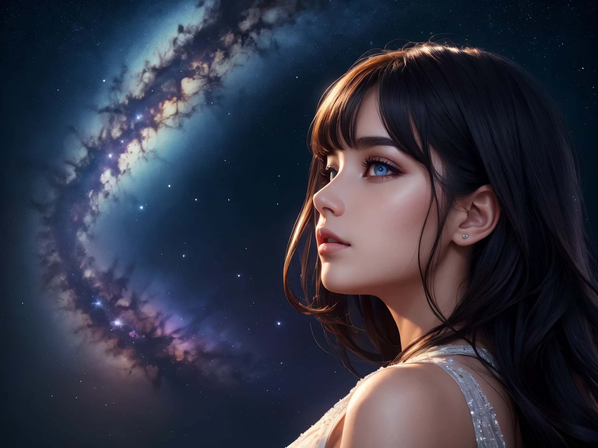 (melhor qualidade,4K,8K,alta resolução,obra de arte:1.2),Ultra-detalhado,realista,Céu estrelado girando,via Láctea,estrelas cadentes,Menina olhando para o céu,noite escura,estrelas brilhantes,luzes cintilantes,atmosfera estrelada,aura mágica,cores vivas,brilho suave,vista fascinante,momento de paz,serenidade.

Ao descrever a garota, lembre-se de usar as seguintes tags: lindos olhos detalhados, lindos lábios detalhados, olhos e rosto extremamente detalhados, cílios longos.