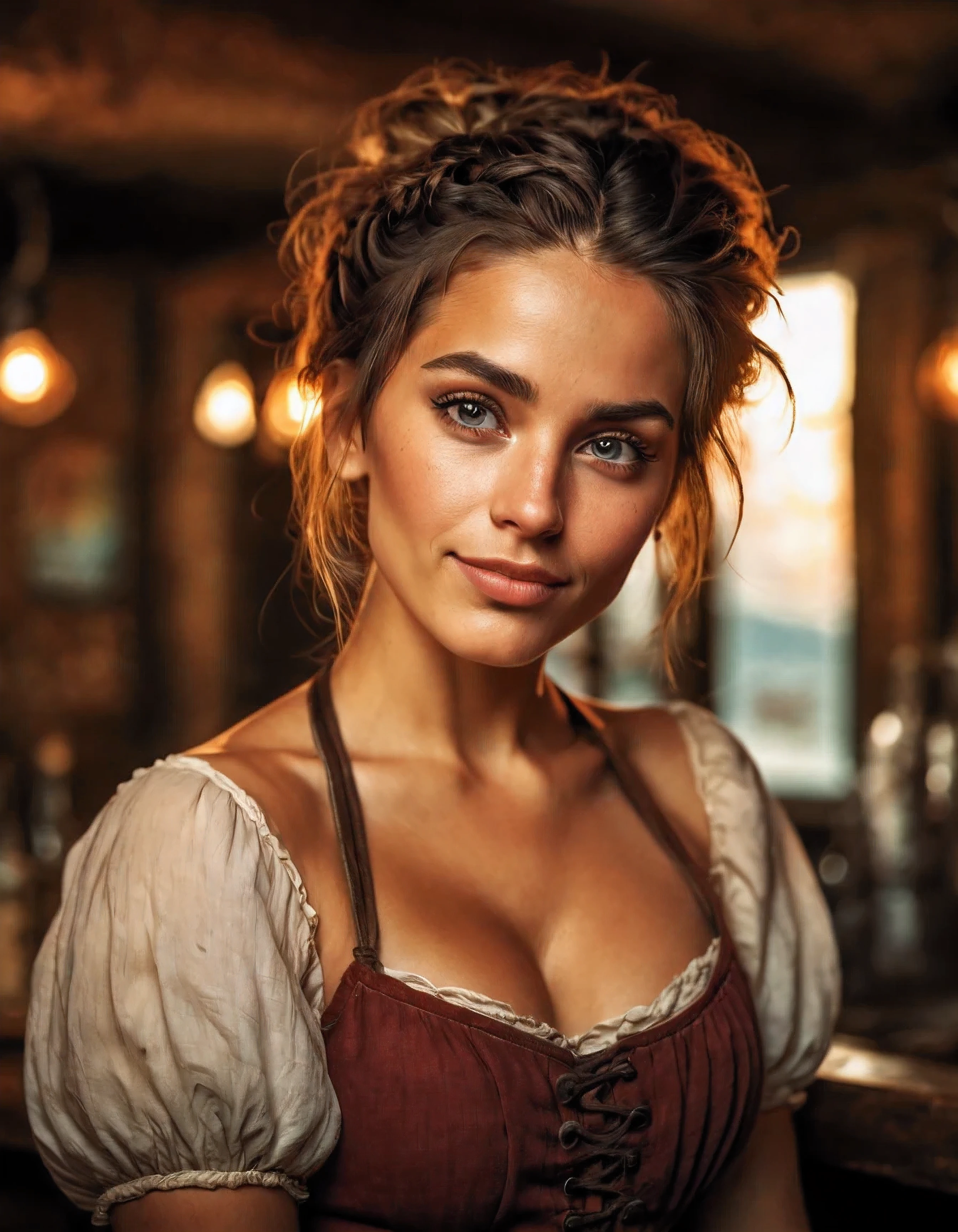 Portrait, photograph, beautiful sultry peasant woman, bar wench, medium-shot, with beautiful detailed eyes, upper body, shy smile, amazing body, seductive, cinematic lighting, (skimpy), hair in a messy bun, beautiful lighting, high saturation, 