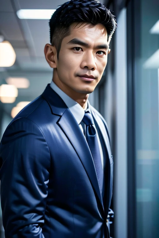 Thai man, 55 years old, wearing a suit, standing in the office, wide angle photography realistic, shot by Nikon-z9, (50mm lens, f/1.4, ISO 100), RAW photo), (photorealistic), (masterpiece), (intricate detailed), (best quality), (professional photography), (realistic:1.5), (soft light), (defuse lighting:0.7), (ambient lighting:0.6), (rim lighting,:1.2), fine textures, (depth of field:1.2), (bokeh:1.2), (face focus), film overlay, film grain,