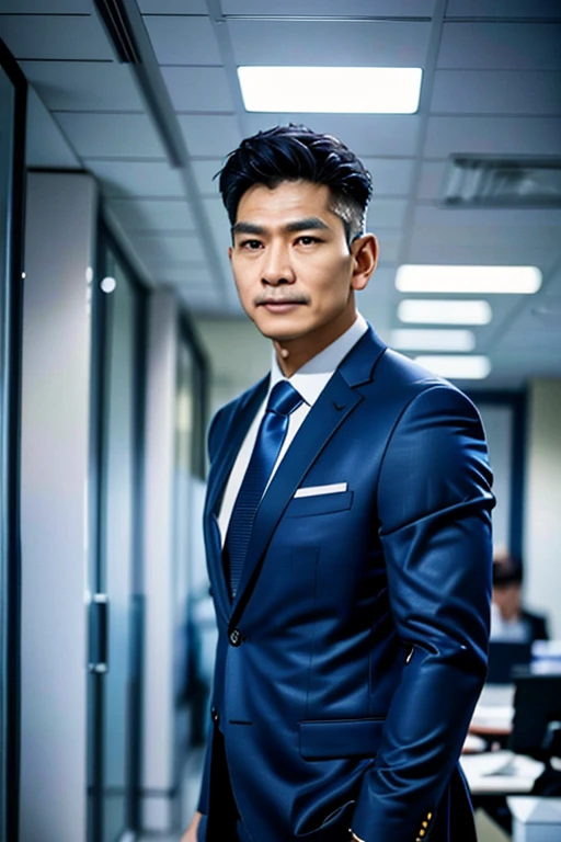 Thai man, 55 years old, wearing a suit, standing in the office, wide angle photography realistic, shot by Nikon-z9, (50mm lens, f/1.4, ISO 100), RAW photo), (photorealistic), (masterpiece), (intricate detailed), (best quality), (professional photography), (realistic:1.5), (soft light), (defuse lighting:0.7), (ambient lighting:0.6), (rim lighting,:1.2), fine textures, (depth of field:1.2), (bokeh:1.2), (face focus), film overlay, film grain,