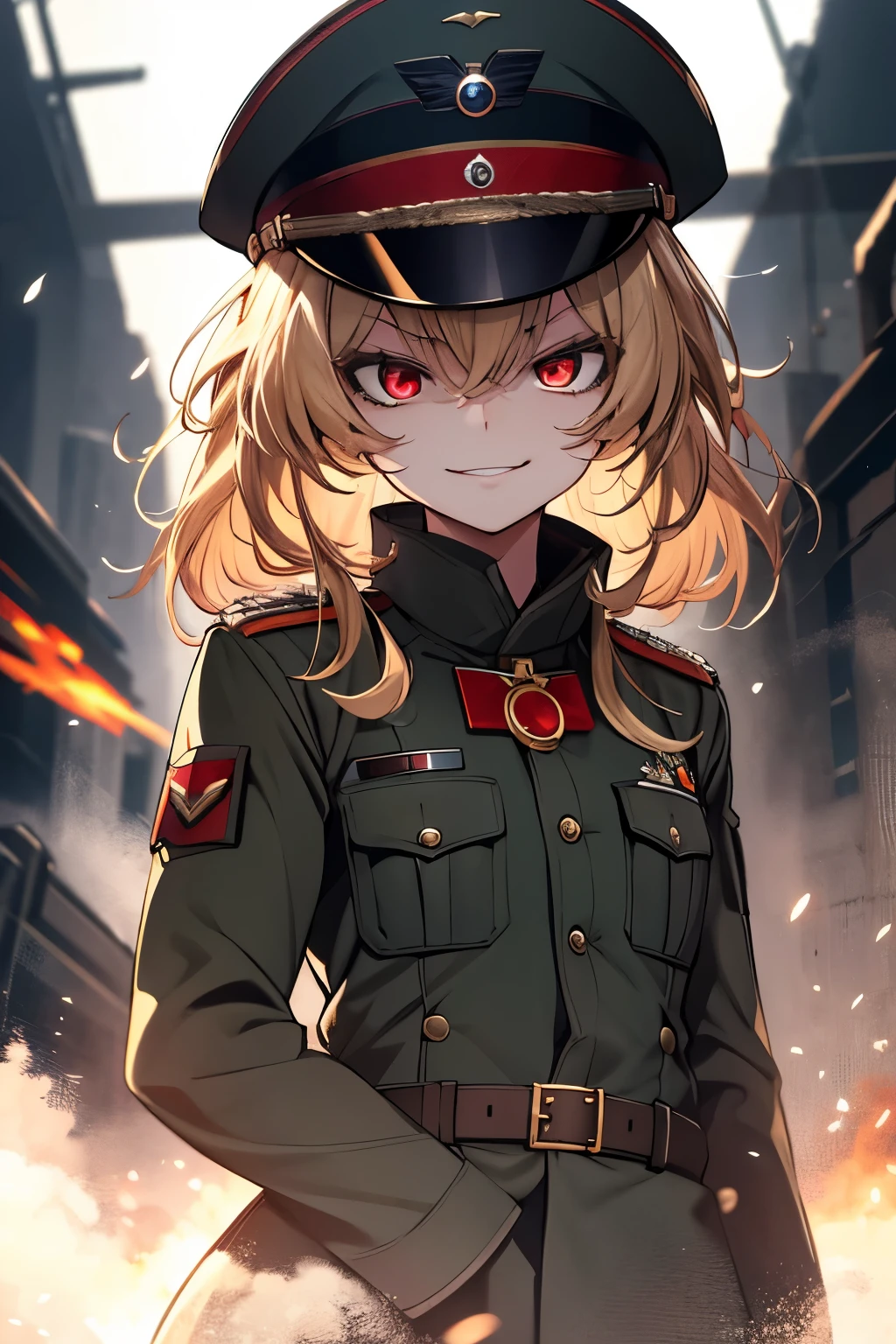 (masterpiece, best quality: 1.1), 1girl solo, tanya, 1girl, solo, , flat chest, small breasts, curvy, military, military uniform, ,, evil smile, wicked expression, anger, red eyes, neutral lighting