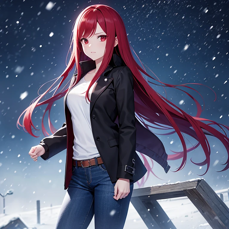 Erza Scarlet, schwarze Jacke, blaue Jeans , Blick auf Aussicht , nachts schneit es, Halber Körper