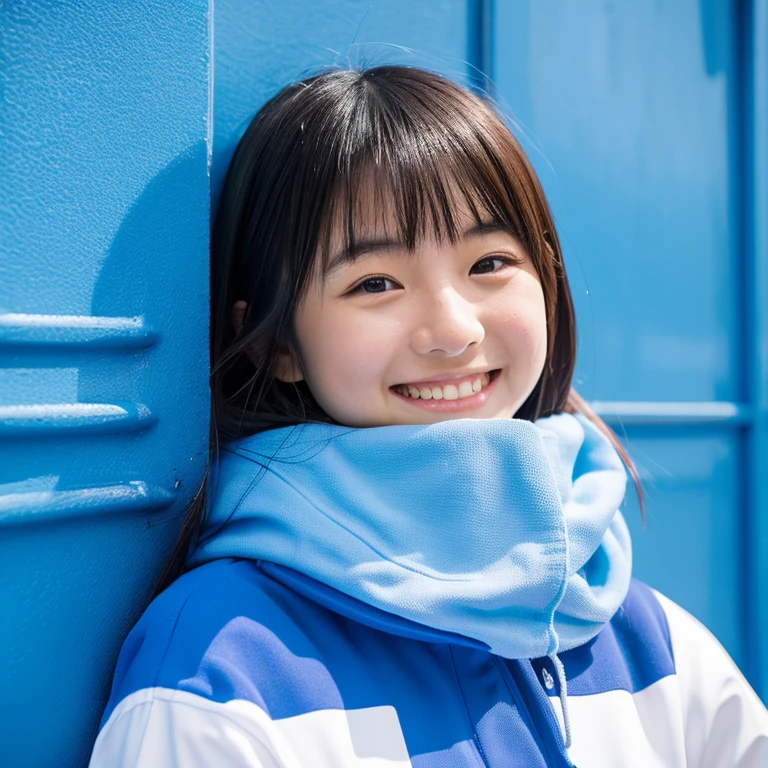 手紙 "の上" 青い壁に描かれています, 未来的なデザインの青い服を着た若い日本人女性の顔が壁の前に立っています。, 彼女を見て微笑む. 焦点