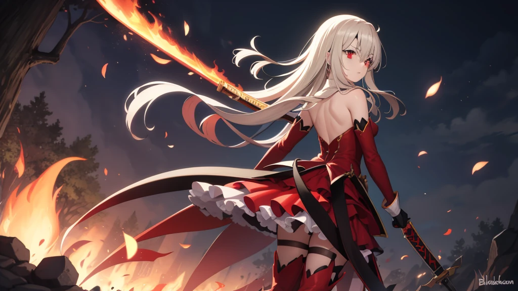 Illyasviel von Einzbern, blonde hair, hair between eyes, long hair, (red eyes:1.5),cool girl boots, Detached sleeves, red gloves，Red skirt，Behind the back is a guardian spirit holding a flaming sword.，blackmask，Fire falls into nothingness，Wilderness and annihilation