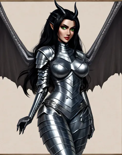 Black Hair Long, platinum Wings, humanoid face, She has platinum scales covering parts of her body. She wears full plate armor has that has molded it's self to her body and even matches the pattern of her scales and seems to frame the feminine features of ...
