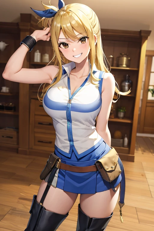 (masterpiece, best quality:1.2), 独奏, 1girl, lucy heartfilia, grin, looking at viewer, arms behind back, blue sleeveless shirt, miniskirt, Belt Pouch, thigh boots 、full-body shot