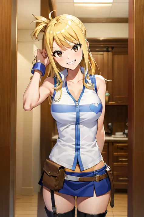 (masterpiece, best quality:1.2), solo, 1girl, lucy heartfilia, grin, looking at viewer, arms behind back, blue sleeveless shirt,...