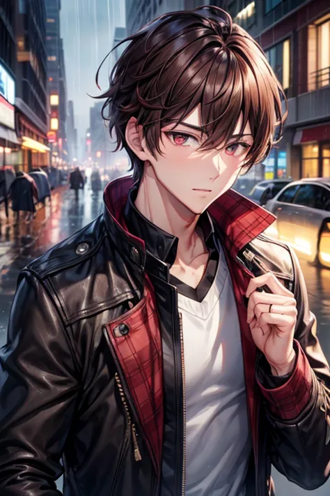 a handsome guy、20代の男性、winter clothes、brown-haired shorthair、red eyes、long sleeve、in the city where it rains、high resolution、in 8...