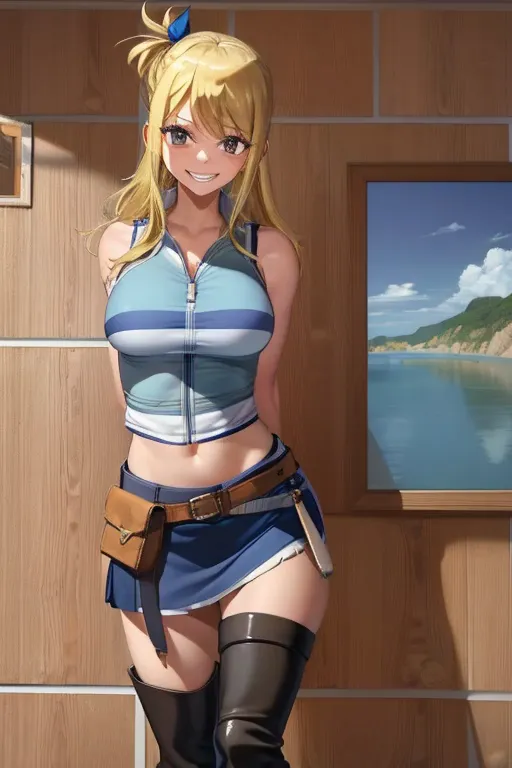 (masterpiece, best quality:1.2), solo, 1girl, lucy heartfilia, grin, looking at viewer, arms behind back, blue sleeveless shirt,...