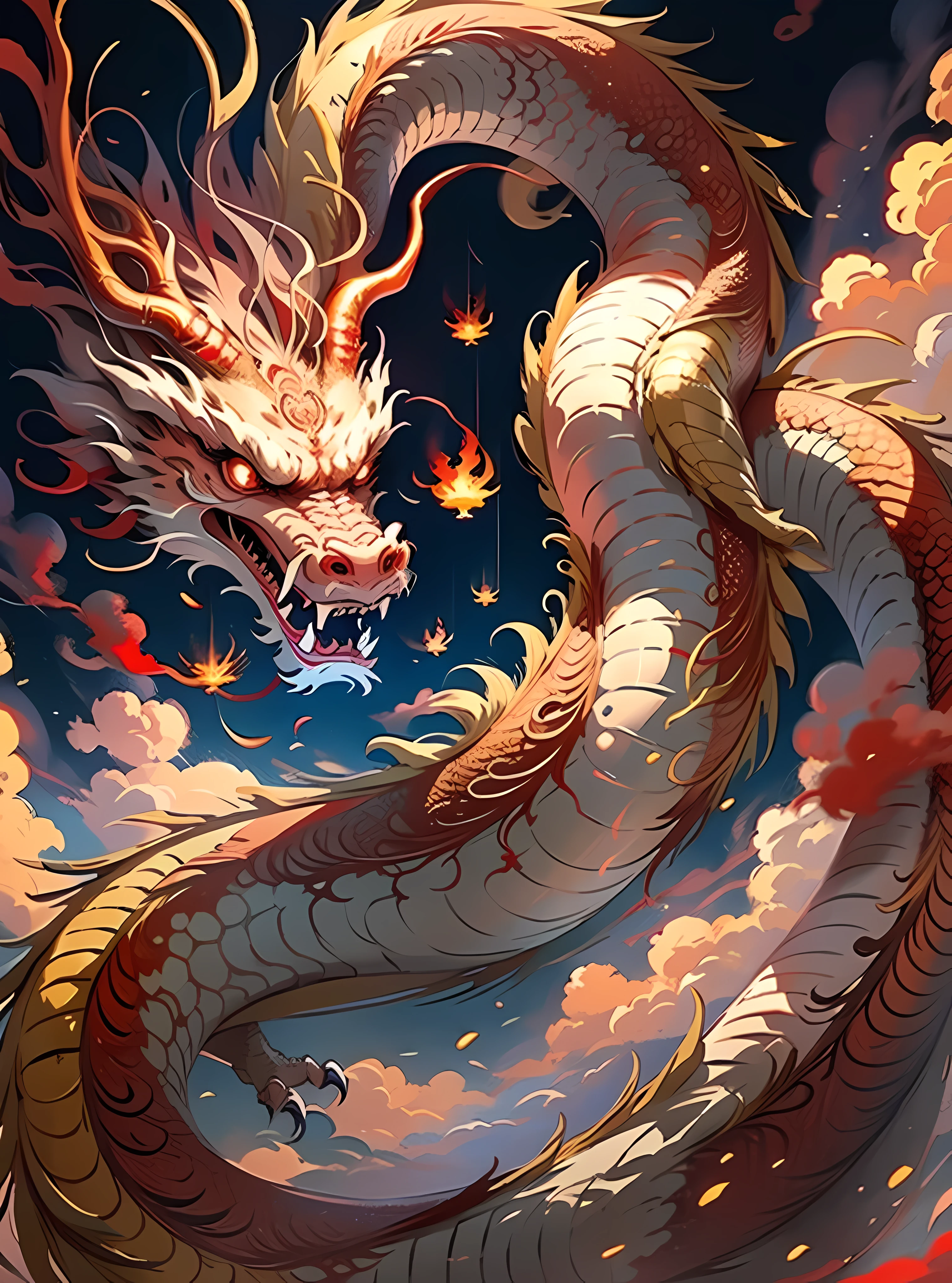 A Chinese red five-clawed dragon hovers in the sky，Below are the fireworks flying into the sky，super detailed，Surreal，illumination，masterpiece，best quality