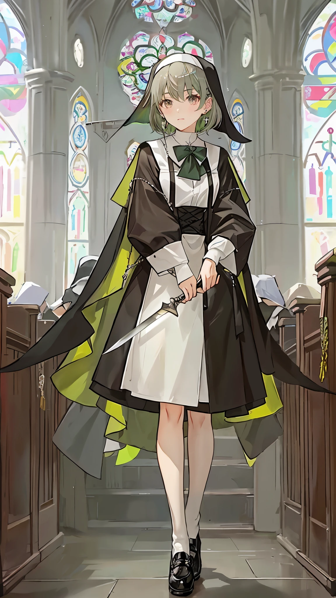 Anime character in a church with a sword and a nun - SeaArt AI