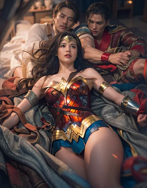 (Wonder Woman lying down)、Wonder Woman and a man in close contact,Wonder Woman is captured by a man,Wonder Woman being held down...