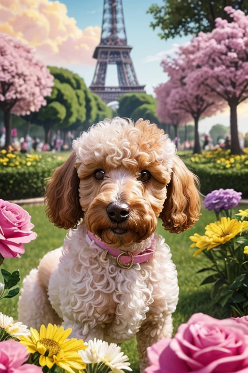 no fundo, a bela Eiffel, lindo céu e um sol radiante iluminando o ambiente, Fotografia de diferentes ângulos, Cachorro olhando em direções diferentes, fotografia dinâmica, Foto de perto Poodle tosado, brincando com rosas dentro da boca, Fotografe a vista frontal perto da metade do corpo de um pequeno cachorro Poodle olhando para o observador, pelagem rosa, branco ou amarelo ou colorido, o Poodle está no centro de um círculo feito à mão decorado com folhas e flores de diversas cores e espécies, compondo uma imagem realista de fantasia, mistérios e encantos mágicos. (((cartazes, planfetos, Adesivos, propaganda, revista.))) monocromático
, linear, desenho a lápis, sem cor, rabisco feito com lápis.