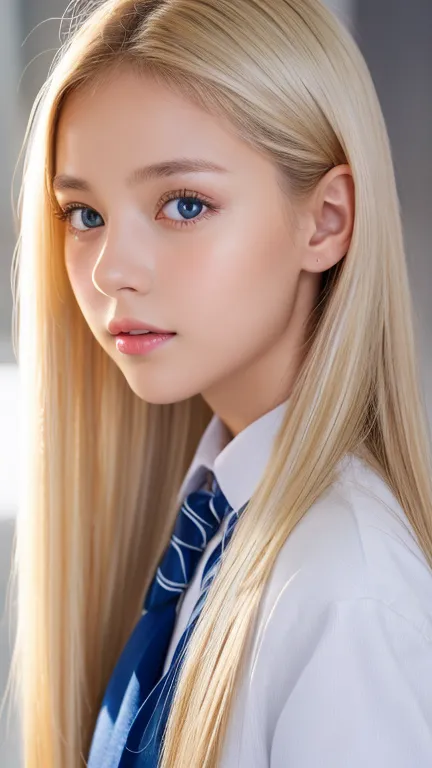 portrait、school uniform、bright look、ponytail、young, shiny, white, glossy skin、best beauty、blonde reflected light、platinum blonde...