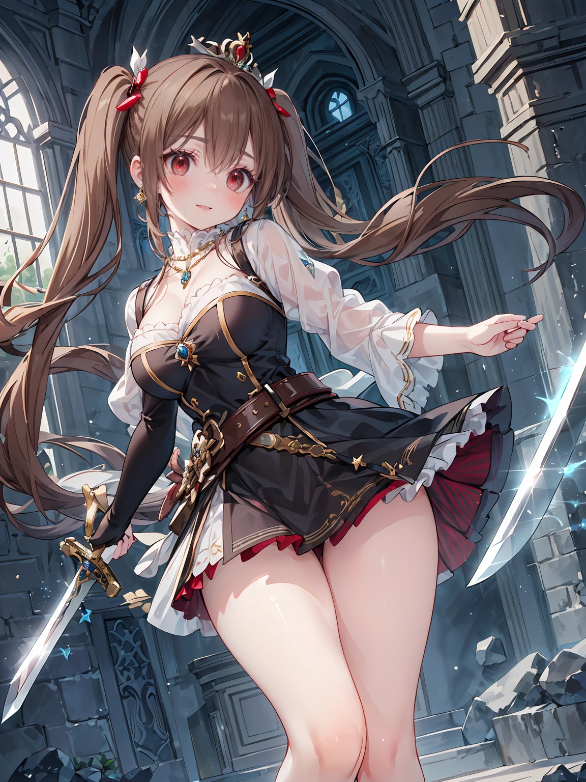 ((8K masterpiece,highest quality)), ultra high resolution, hyper detail, (1 girl), beautiful face, beautiful and delicate eyes,((red eyes)),Big eyes,shining eyes of light,Thin and long eyelashes,detailed light,((brown hair)),((long hair)), ((twin tails)),big breasts,(very large thighs),thin waist,blush,(grinning smile),troubled face,(please open your mouth wide),(royal swordsman),(((Hold Sword))),silver holy armor,sacred belt around the waist,sapphire crown,gold necklace,sapphire earrings,silver hair ornament,white knee socks,scattered treasures,ambition,(royal family of darkness),(Inside the castle),action pose,motion blur,Depth of written boundary,spectacular panoramic view,angle from below