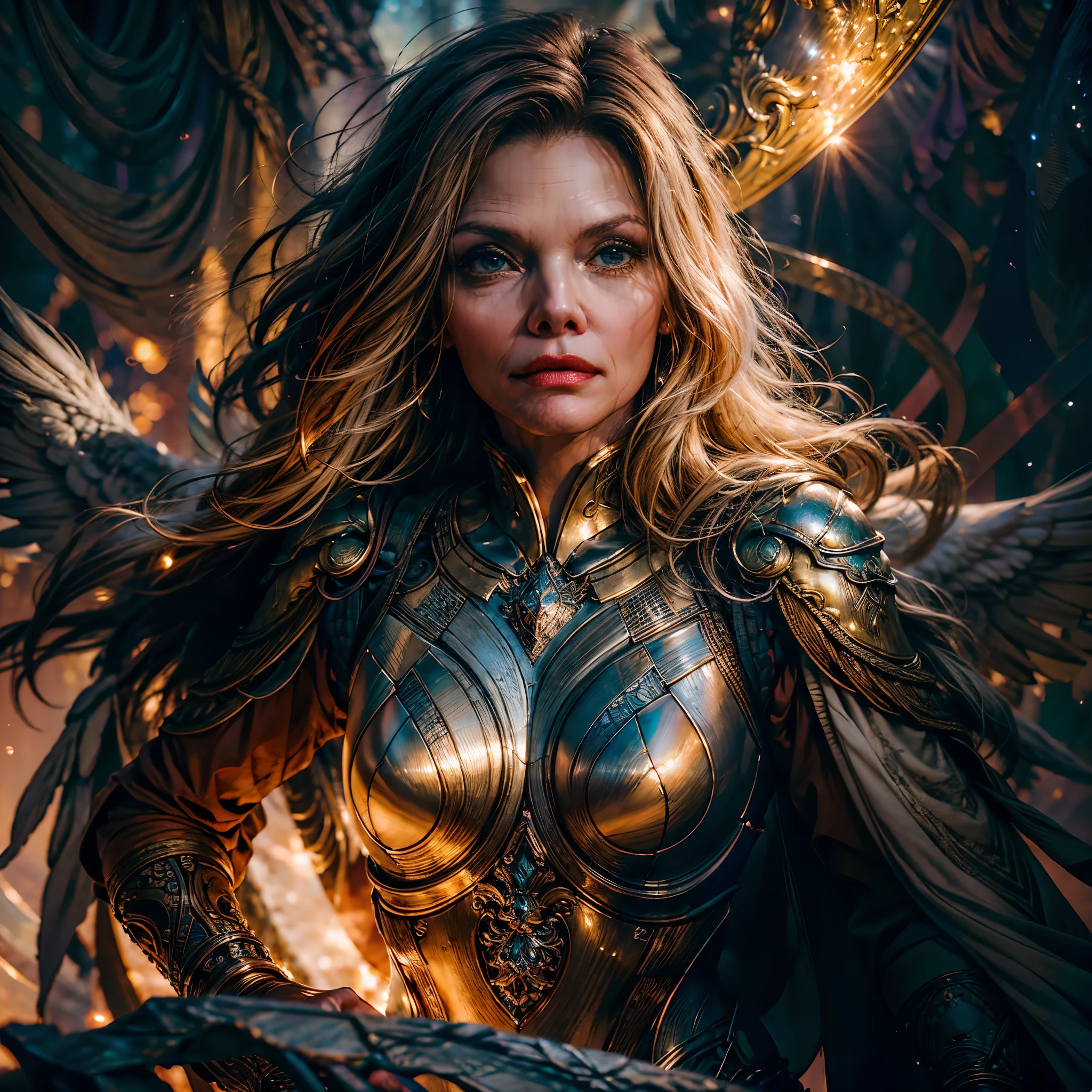 Epic Beautiful painting of Мишель-Пфайффер as perfect gorgeous female warrior, бесформенный длинный полный корпус, идеальные черты, (в чрезвычайно барочных доспехах. Кольчуга._броня), Абстрактная красота, почти совершенство, Чистая форма, динамичная поза, эфирный фон, (глубокие темные тени), (сильное кинематографическое освещение), (Заднее освещение), "Мишель-Пфайффер" концепт-арт Грега Рутковски, Джона Уильяма Уотерхауса и Альфонса Мухи, эпические потрясающие детали, сложные детали, гипер постпродакшн, Сверхвысокое разрешение, сверхвысокая детализация, в тренде на artstation, ультра острый фокус, глубина резкости f/1.8, студийные фотографии, (((смотрю в камеру))) magv1ll высокая детализация, Лучшее качество, абсурд [Ультра подробный], шедевр, ultra high Лучшее качество, (чрезвычайно подробный), Динамический угол, ультра широкий план, Фотореалистичный, ((фэнтези-арт)) ((стиль Ларри Элмора)), неважное искусство, РПГ арт, реалистическое искусство, female human druid of the звезды, хранитель природы, controlling magical energy made of звезды, кружащийся синий старый волшебный свет, божественные символы (1.5 сложные детали, шедевр, Лучшее качество, абсурд), человек женщина, чрезвычайно красивый, ультра женственный, динамичные волосы, динамичные волосы color, Ношение кожаных доспехов, держа посох, лунный свет, звезды, динамический естественный фон, РПГ арт, Волшебная атмосфера волшебного фэнтезийного леса, ультра лучший реалистичный, лучшие детали, Лучшее качество, абсурд, [Ультра подробный], шедевр, ultra Лучшее качество, (чрезвычайно подробный), ультра широкий план, фотореализм, глубина резкости, гиперреалистичная картина, 3D-рендеринг, варьируется мульти и т. д.. --v 6 --s 1000 --c 20 --q 20 --хаос 100